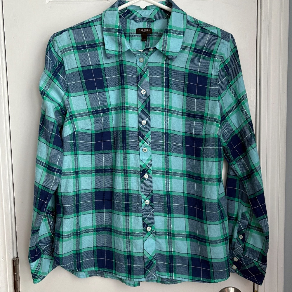 Talbots plaid long sleeve blouse, Size Lp.
